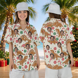 Woman wearing the Gingerbread Dinosaur Christmas Hawaiian Shirt with custom faces, front and back view