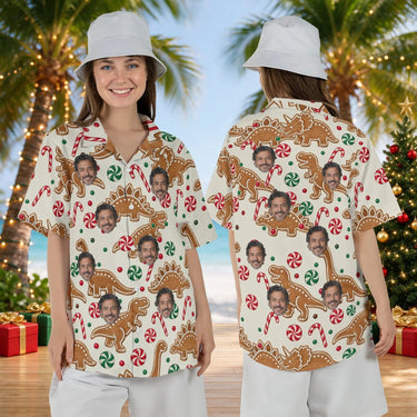 Woman wearing the Gingerbread Dinosaur Christmas Hawaiian Shirt with custom faces, front and back view