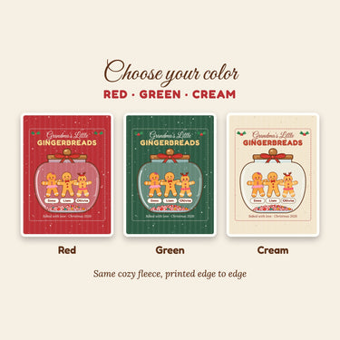 Gingerbread grandma blanket in red, green and cream background colors