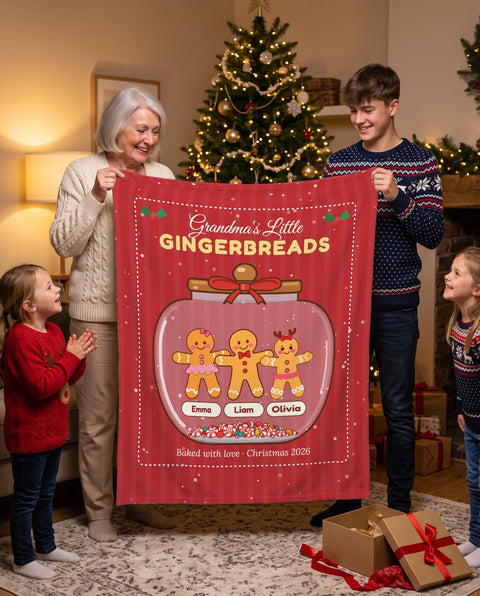 Personalized grandma blanket with grandkids names, red gingerbread cookie jar design held up by grandma and grandkids by the Christmas tree
