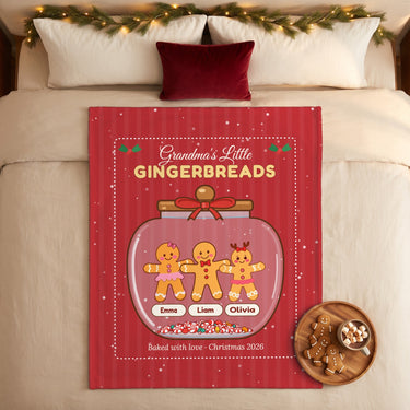 Gingerbread grandkids blanket on a cozy Christmas bed with gingerbread cookies