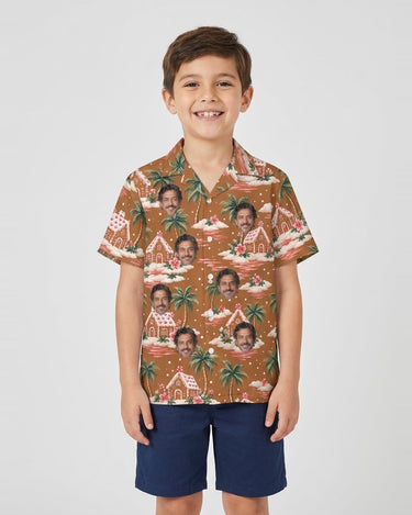 Gingerbread Islands Christmas Hawaiian Shirt with printed faces, worn by a child