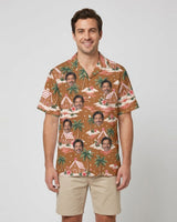 Gingerbread Islands Christmas Hawaiian Shirt with printed faces, worn by a man
