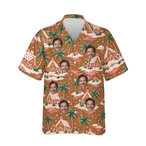 Gingerbread Islands personalized Christmas Hawaiian shirt printed with customer faces, front view