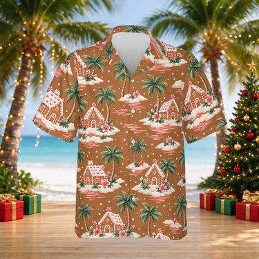 Gingerbread Islands Christmas Hawaiian shirt print before personalizing, front view
