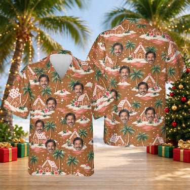 Gingerbread Islands custom Christmas Hawaiian shirt with faces, front and back