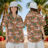 Gingerbread Islands personalized Christmas Hawaiian shirt with faces worn by a woman, front and back