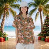 Gingerbread Islands Christmas Hawaiian shirt with printed faces worn by a woman, front view