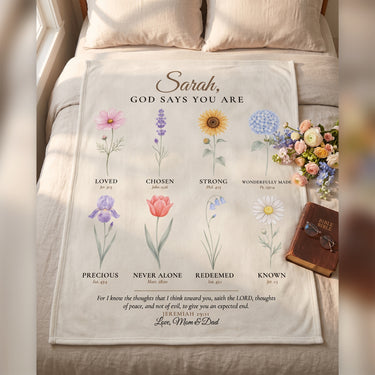 God Says You Are personalized blanket for women with 8 watercolor flowers, affirmation words and Jeremiah 29:11 on a cream bed