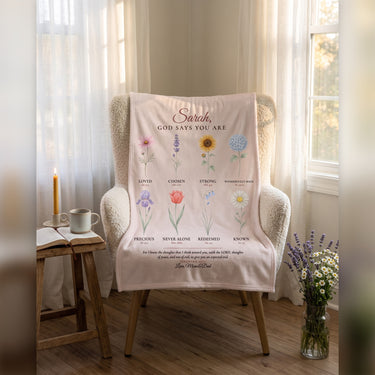 Personalized Bible verse blanket in blush pink with name, flowers and scripture draped on an armchair in a prayer corner