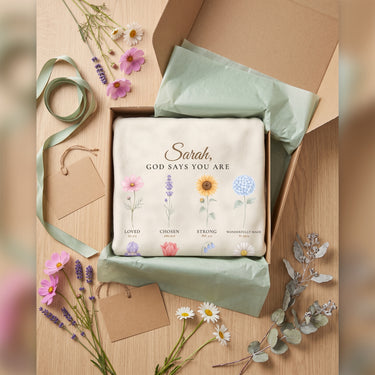 Christian gift for women, personalized God Says You Are blanket folded in a gift box with ribbon and wildflowers