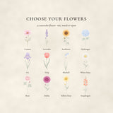 Choose from 12 watercolor flowers for the personalized Christian blanket: cosmos, lavender, sunflower, hydrangea, iris, tulip, bluebell, daisy, rose, dahlia and snapdragon