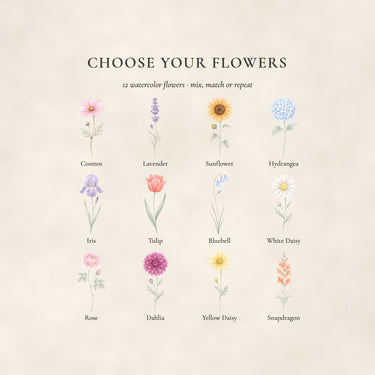 Choose from 12 watercolor flowers for the personalized Christian blanket: cosmos, lavender, sunflower, hydrangea, iris, tulip, bluebell, daisy, rose, dahlia and snapdragon