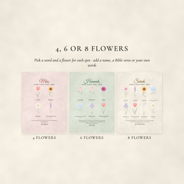 Personalize with 4, 6 or 8 flowers, affirmation words, name, KJV Bible verse or your own verse and a signature line
