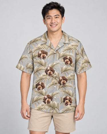 Golden Palm Leaves Hawaiian shirt with printed faces, worn by a man