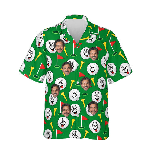 Goofy Golf Balls Funny Hawaiian Golf Shirt personalized with printed faces, front view