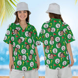 Woman wearing the Goofy Golf Balls Funny Hawaiian Golf Shirt with custom faces, front and back view