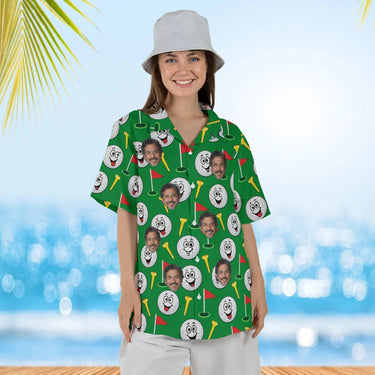 Woman wearing the Goofy Golf Balls Funny Hawaiian Golf Shirt with custom faces