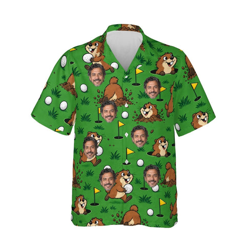 Gopher Golf Funny Hawaiian Golf Shirt personalized with printed faces, front view
