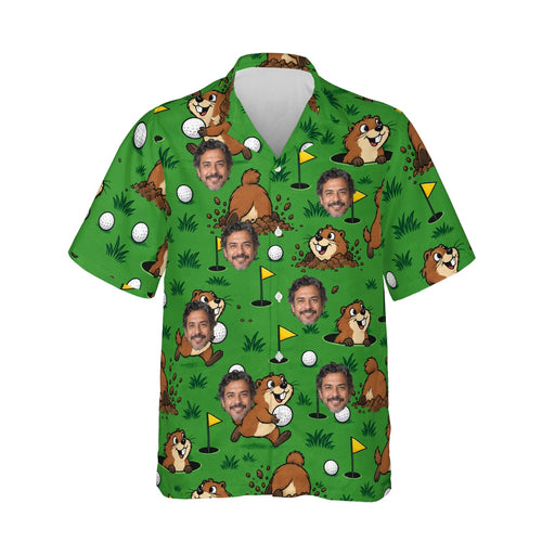 Gopher Golf Funny Hawaiian Golf Shirt personalized with printed faces, front view