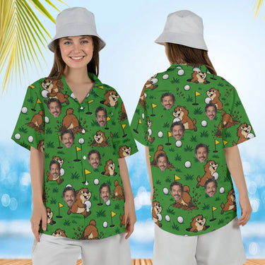 Woman wearing the Gopher Golf Funny Hawaiian Golf Shirt with custom faces, front and back view