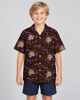 Gothic Bat Halloween Hawaiian shirt with printed faces, worn by a child