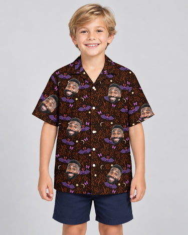 Gothic Bat Halloween Hawaiian shirt with printed faces, worn by a child