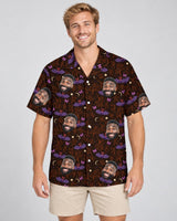 Gothic Bat Halloween Hawaiian shirt with printed faces, worn by a man