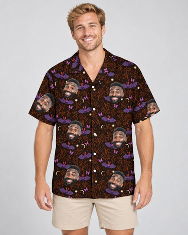 Gothic Bat Halloween Hawaiian shirt with printed faces, worn by a man