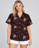 Gothic Bat Halloween Hawaiian shirt with printed faces, worn by a woman