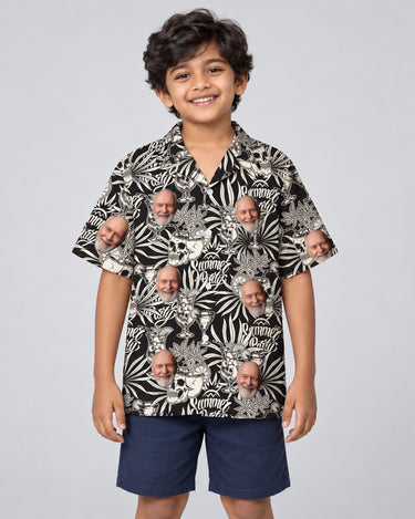 Gothic Palm Skull Surf Hawaiian shirt with printed faces, worn by a child