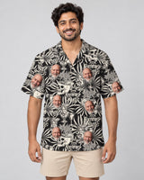 Gothic Palm Skull Surf Hawaiian shirt with printed faces, worn by a man