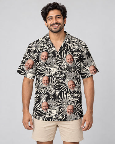 Gothic Palm Skull Surf Hawaiian shirt with printed faces, worn by a man