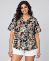 Gothic Palm Skull Surf Hawaiian shirt with printed faces, worn by a woman