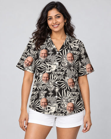 Gothic Palm Skull Surf Hawaiian shirt with printed faces, worn by a woman