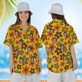 Woman wearing the Grandma Wallpaper Ugly Hawaiian Shirt with custom faces, front and back view