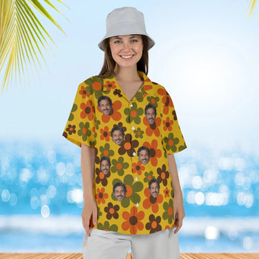 Woman wearing the Grandma Wallpaper Ugly Hawaiian Shirt with custom faces