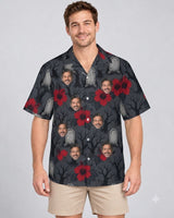 Graveyard Hibiscus Goth Hawaiian Shirt with printed faces, worn by a man
