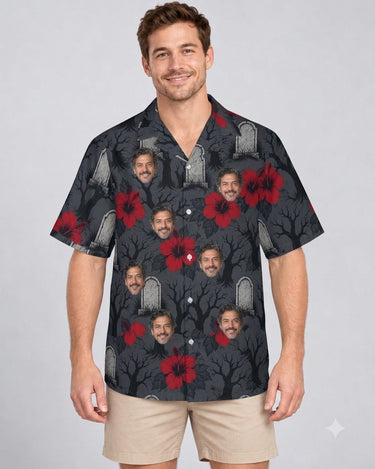 Graveyard Hibiscus Goth Hawaiian Shirt with printed faces, worn by a man