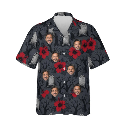 Graveyard Hibiscus Goth Hawaiian Shirt personalized with printed faces, front view