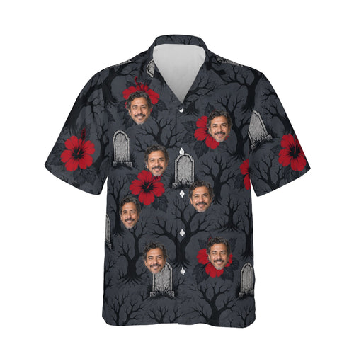 Graveyard Hibiscus Goth Hawaiian Shirt personalized with printed faces, front view
