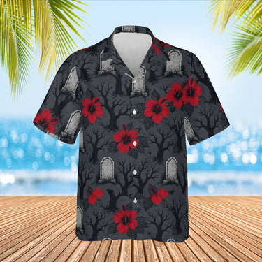 Graveyard Hibiscus Goth Hawaiian Shirt print before personalizing, front view