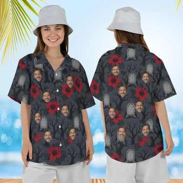 Woman wearing the Graveyard Hibiscus Goth Hawaiian Shirt with custom faces, front and back view