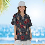 Woman wearing the Graveyard Hibiscus Goth Hawaiian Shirt with custom faces