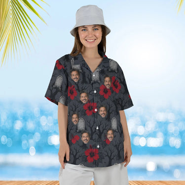 Woman wearing the Graveyard Hibiscus Goth Hawaiian Shirt with custom faces