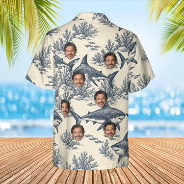 Great White Shark Hawaiian Shirt with custom faces, back view