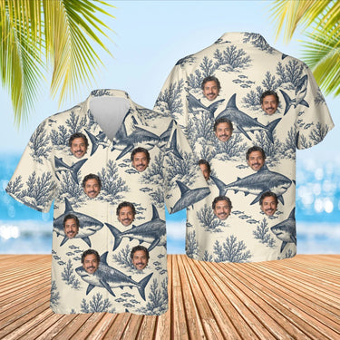 Great White Shark Hawaiian Shirt with custom faces, front and back