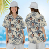 Woman wearing the Great White Shark Hawaiian Shirt with custom faces, front and back view