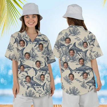 Woman wearing the Great White Shark Hawaiian Shirt with custom faces, front and back view