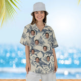 Woman wearing the Great White Shark Hawaiian Shirt with custom faces